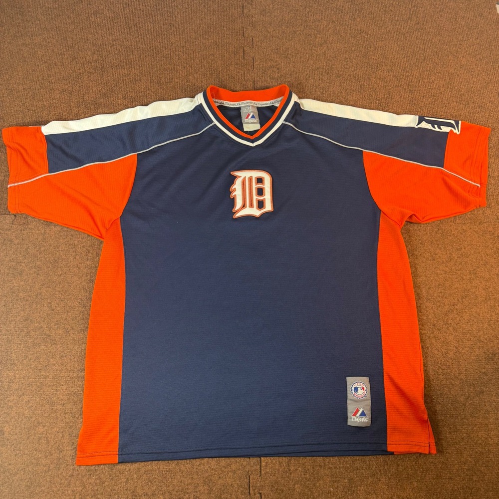 Majestic Detroit Tigers MLB Jersey Mens XL Navy Orange Batting Practice Pullover